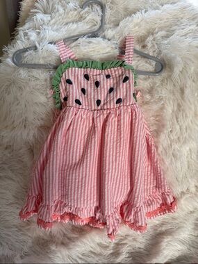 Flapdoodles Pink Striped Watermelon Dress with Green Ruffle